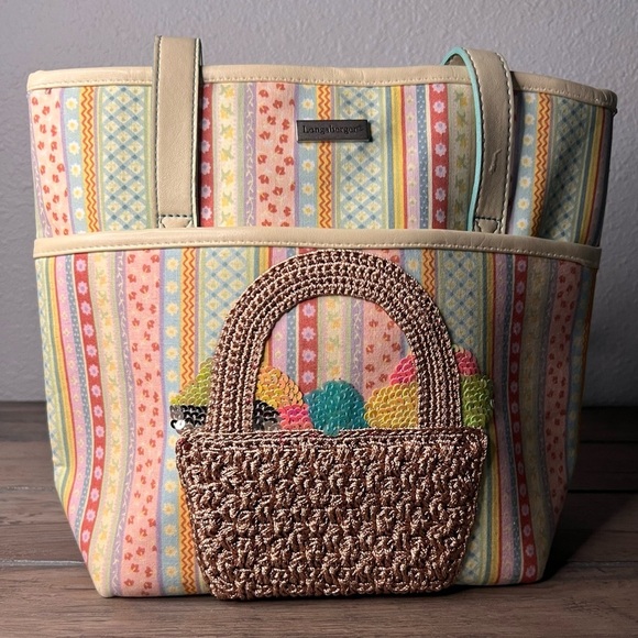 Longaberger Handbags - Longaberger Easter Tote bag with inside & outside pockets Spring Striped Fabric